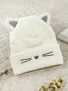 1PC Women's Casual White Cat-Shaped Heart Pattern Ear Knitted Hat, Cute Style, Suitable For Party And Daily Wear - White - View 3