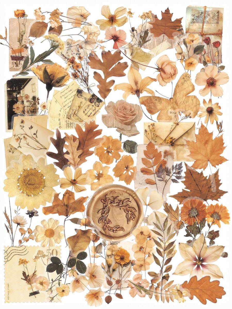 52 Pcs Aesthetic Vintage Dried Flower Stickers, Autumn Pressed Floral Retro PET Waterproof Decals, Journaling Sticker Set For Scrapbooks Water Bottles Laptops Phone Cases For Cottagecore Girls - Dried Flowers - View 1