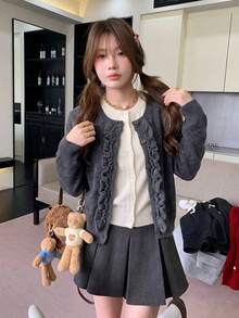 Autumn/Winter New Korean Style Round Neck Cable Knit 2 In 1 Cardigan Casual Versatile Sweater Top - Dark Grey - View 7