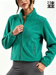 mulinsen Women's Solid Color Fleece Sports Jacket, Stand Collar Zipper Style, With Zipper Pockets, Letter Detail, Elastic Cuffs, Warm Fabric - Cadet Blue - View 8