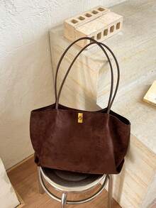 1pc Deep Coffee Color Mother-Daughter Bag Metal Lock Large Capacity Shoulder Bag Lock Closure Minimalist Retro Tote Bag Autumn Winter Office Commute Women's Handbag - A - View 1