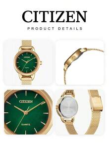 Citizen Women's Rose Gold Mesh Band Quartz Watch, Vintage Emerald Green Dial, Slim Mini Design, Daily & Formal Wristwatch, Perfect Gift EQ3003-50W - EQ3003-50W - View 5