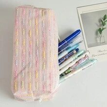 1pc Creative Colorful Line Pattern Pencil Case, Large Capacity Student Pencil Bag, Ins Style High Aesthetic Storage Bag, Yarn Desktop Organizer Pouch - Multicolor - View 7
