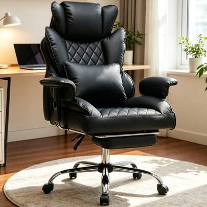 QIAN&S Large Size PU Executive Office Chair, 90-155° Reclining Gaming Chair With Retractable Footrest, Adjustable Armrests & Lumbar Support, 5 Colors Available