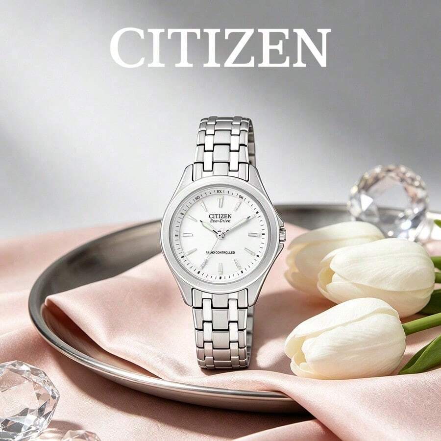 CITIZEN 女款控制驅動手錶 磨砂銀色不鏽鋼鏈條錶帶 啞光白色錶盤 螢光條形刻度 時尚實用女士腕錶 - 銀色 - 查看 1