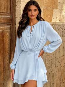Da Jade Elegant French Tie Keyhole Neck Waist Belt Mini Dress, Lantern Sleeve Double Ruffle Flowy Chiffon Vacation Skirt For Wedding Guest Dating Outfits - Blue - View 1