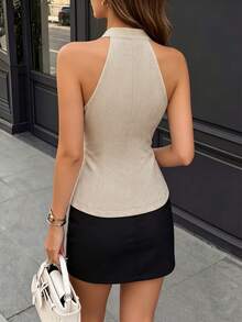 DONICY Women's Beige Stand Collar Sleeveless Button Vest, Slim Fit Office And Party Wear - Apricot - View 2