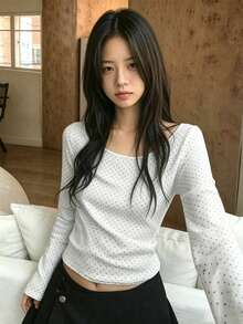 YCYC 韓式簡約百搭女款長袖波點打底上衣 白色休閒 - 白色 - 查看 7