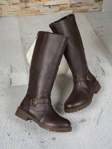 Fall/Winter 2025 Simple & Fashionable Women's Knee High Boots, Non-Slip, Comfortable, Versatile Buckle Decor, British Style, Plus Size - Brown - View 9