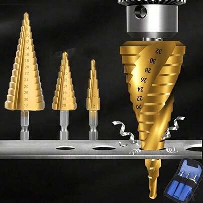 3pcs Drill Bits + 1 Storage Bag, Titanium Coated High Speed Steel Step Drill Bit Set, Suitable For Wood And Metal - Multi-Functional Efficient, Tool Accessories; Hex Shank Manual Repair Tools, Suitable For Handcrafts, Factory, Work Operations, DIY