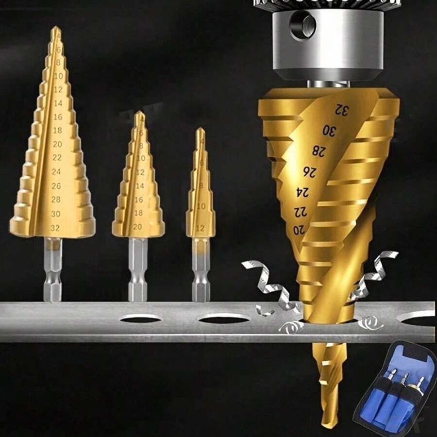 3pcs Drill Bits + 1 Storage Bag, Titanium Coated High Speed Steel Step Drill Bit Set, Suitable For Wood And Metal - Multi-Functional Efficient, Tool Accessories; Hex Shank Manual Repair Tools, Suitable For Handcrafts, Factory, Work Operations, DIY - A - View 1