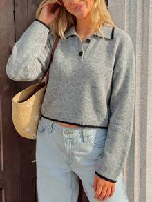 Chic Gray Knit Pullover Sweater For Women, Featuring Polo Collar And Front Buttons, Perfect For Winter Outfits - Grey - View 10
