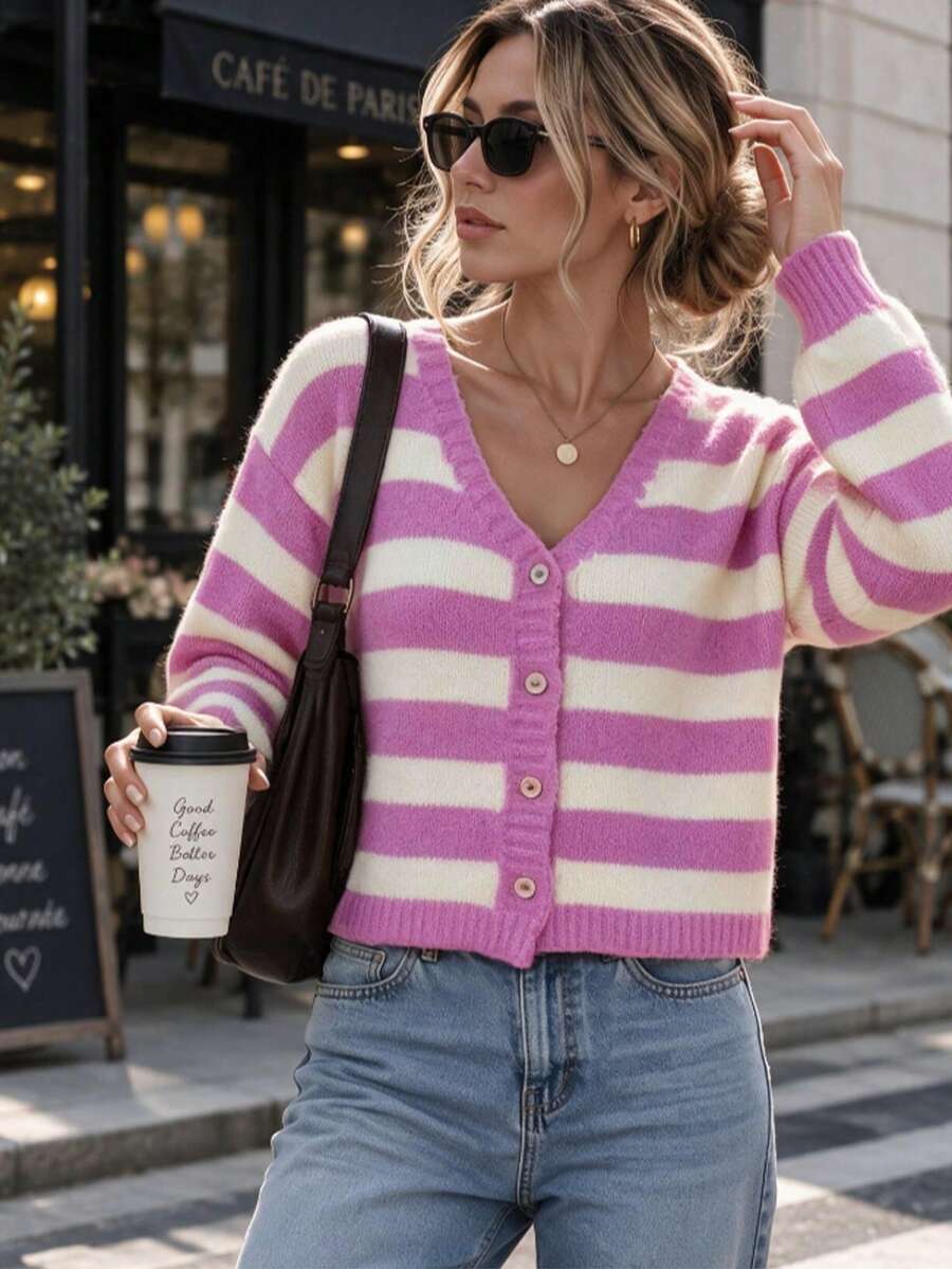 Soft Pink & White Striped Knit Cardigan, V-Neck Single-Breasted Loose Slimming Sweater - Multicolor - View 1