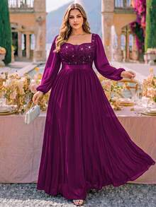 Plus Size Deep V-Neck Sequin Floral Lace Bishop Sleeve Chiffon Formal Evening Gown, Wedding Guest Dress, Suitable For Birthday, Graduation Ceremony - Maroon - View 3