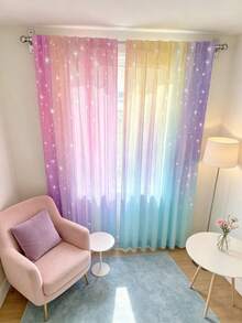 2 Stück weiche Regenbogen-Stern-Dekoration-Vorhänge, Stangendesign, geeignet für Schlafzimmer, Wohnzimmer und Bürodekoration, Polyester-Material, Digitaldruck, Heimdekoration, maschinenwaschbar, gute Lichtdurchlässigkeit, 2D-Flachdruck, 90 g/m² - Verschiedenfarbig - Übersicht 10