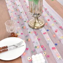 6pcs Embroidered Daisy Floral Table Runner, 10ft Floral Sheer Table Scarf, Holiday Kitchen Dining Table Decor For Home Party Indoor, Party Decor Mesh Table Cloth - Multicolor - View 1