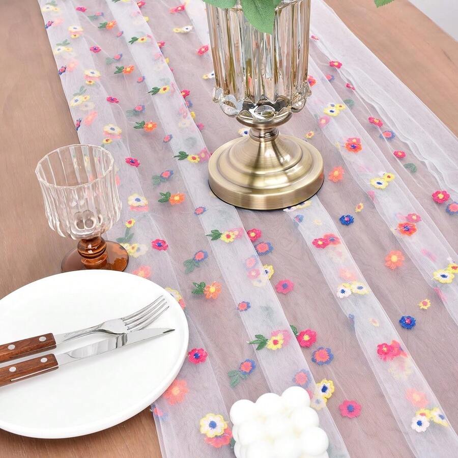 6pcs Embroidered Daisy Floral Table Runner, 10ft Floral Sheer Table Scarf, Holiday Kitchen Dining Table Decor For Home Party Indoor, Party Decor Mesh Table Cloth - Multicolor - View 1