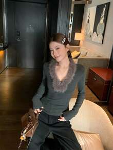 Women's Fur Collar Fitted Base Layer Top, Chic Early Autumn Slim Fit Innerwear, Autumn/Winter Blouse - Dark Grey - View 6