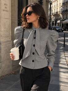 Perirose Women's Grey Herringbone Puff Sleeve Short Blazer, High Neck Front Button Slim Fit Coat, Autumn/Winter Office Commute Fashion Outfit - Grey - View 3