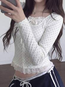 Lace Trim Polka Dot Long Sleeve 2 In 1 T-Shirt - White - View 6