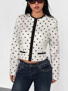French Vintage Black & White Polka Dot Short Jacket For Women, Round Neck Contrast Black Trim Zipper Fake Pocket Design Fitted Short Jacket - Black and White Dots - View 2