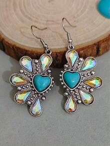 Women's Bohemian Style Water Drop & Heart Rhinestone Petal Dangle Earrings, Suitable For Daily Wear, Commuting, Dating, Parties - Petal - View 7