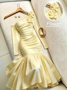 Elegant French Style Solid Color Asymmetrical/Asymmetrical Design Women's Party Dress For Spring And Autumn - Yellow - View 3