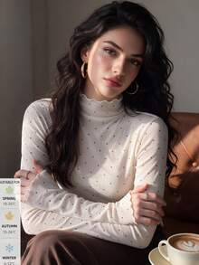 SUNSTORY Women's Autumn Beige Polka Dot Frill Trim Mock Neck Slim Fit Long Sleeve Mesh Top, Suitable For Commuting, Dating, Daily Outings, Party Occasions - White - View 3
