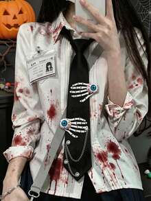 1pc Gothic Halloween Red Necktie With Skeleton Hand & Eyeball Decor, Metal Chain Punk Cosplay Tie - Multicolor - View 3
