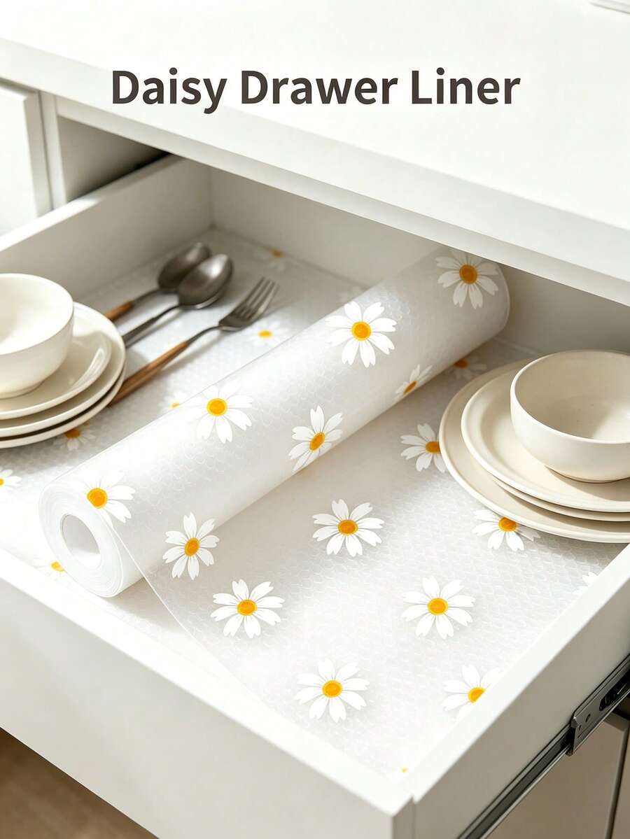 1 Roll Of Fresh Daisy Pattern Padding, Odorless Drawer Padding, Non Stick, Waterproof, Dustproof, Made Of Lightweight EVA Plastic Material, Suitable For Drawers, Cabinets, Shelves, And Refrigerators. Multi Functional, Suitable For All Seasons. - Fresh Daisy Pattern - View 1