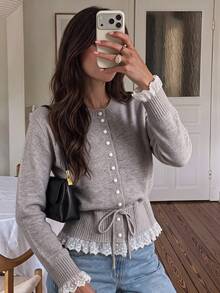 Fall/Winter Sweet Patchwork Contrast Color Lace Trim Knit Cardigan Women's New Round Neck Tie Front Soft Cute Tops - Grey - View 10