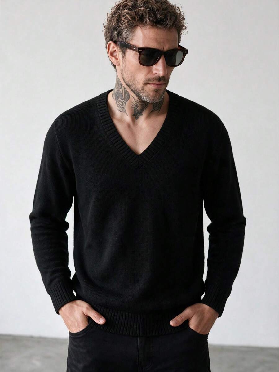 Men's Classic Solid Color V-Neck Knit Sweater, Casual Elastic Breathable Knit Pullover - Black - View 1