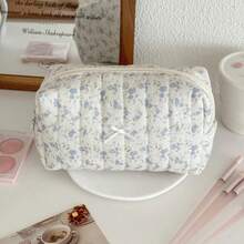 Black White Dark Floral Makeup Bag Minimalist Fresh Style Cosmetic Storage Portable Travel Organizer Pouch For Girls Students - Multicolor - View 5