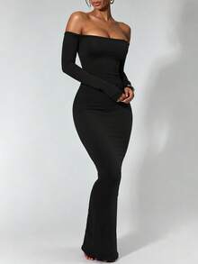 XLLAIS Gaun Panjang Kasual Wanita Warna Polos Tanpa Bahu, Modis dan Elegan, Elastis, Pas Badan, Gaun Bergaris Halus - Hitam - View 2