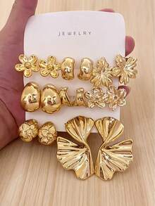 4/16pcs Women's Luxury Fashion Gold Metallic Earring Set, Flower, Left And Right Ear Flower, Plain C-Hoop Series Earrings, Made Of ABS Resin Material With High Color Retention Gold Plating, Resistant To Fading, Low Allergy, Suitable For Daily Commute, Dating, Vacation, Holiday Gift - Gold - View 9