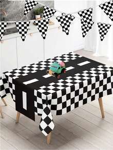 Racing Theme Disposable Tablecloth - Black And White Checkered, Suitable For Parties, Weddings, Birthdays, Etc. - Durable PE Plastic, 54" X 108, Party Decoration - A - View 2