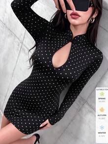 Women's Fashion Elegant Minimalist Polka Dot Lace Patchwork Cheongsam Collar Frog Button Design Slim Fit Short Dress - Black - View 11