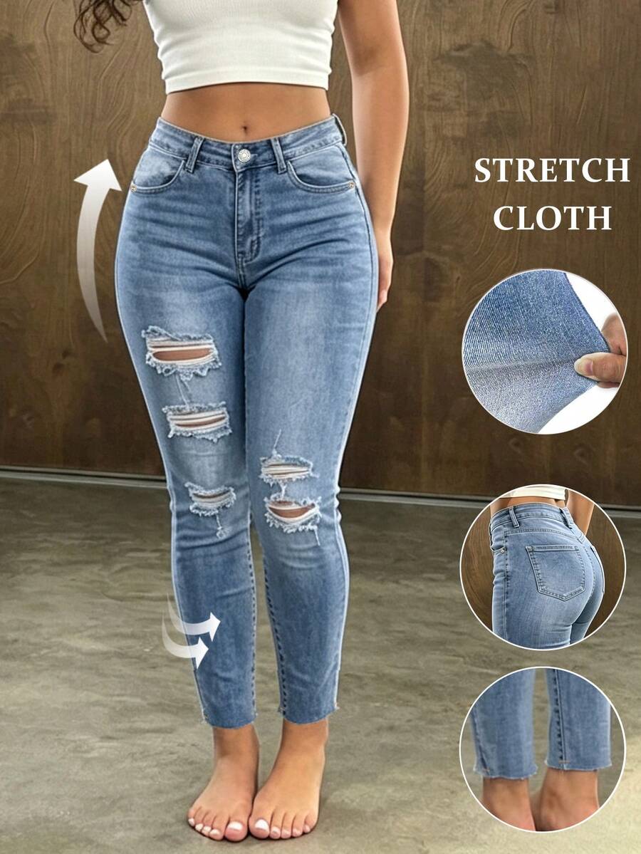 Women's Blue Skinny Jeans, Stretchy Distressed Sexy Ripped Denim, Y2K Retro Casual Style, Autumn/Winter - Blue - View 1