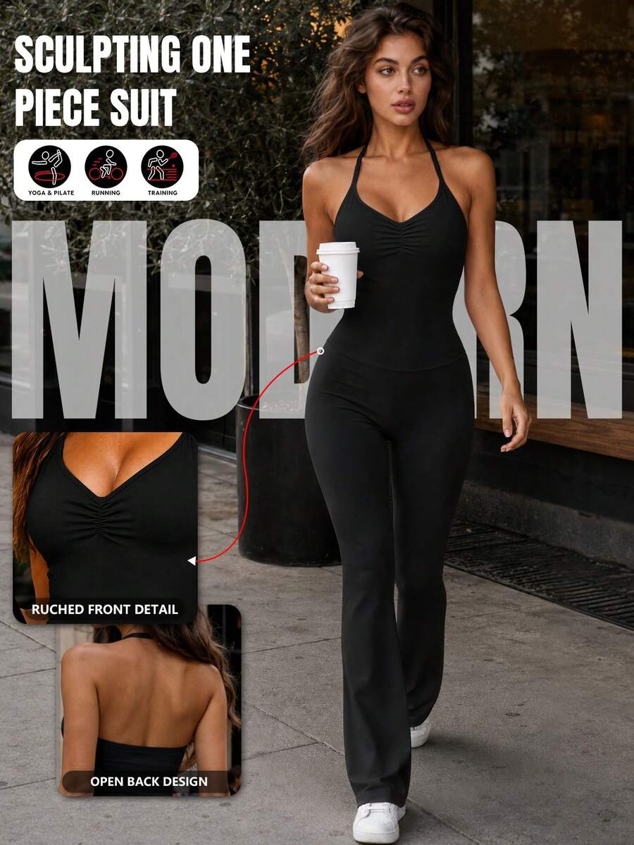Athletic Jumpsuit With Ruched Chest And Detachable Padding, Halter Neck Tight-Fitting Jumpsuit, Suitable For Fitness, Yoga, Casual Daily Summer Wear - Black - View 1
