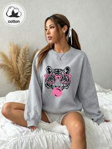 Sweat-shirt à manches longues pour femmes, imprimé tigre avec lunettes roses et chewing-gum, Top décontracté - Gris pâle - Voir 2