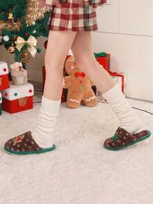 Women's Plush Slippers Winter Christmas Gingerbread Man Cute Fuzzy Fleece Warm Indoor Outdoor Couple Style Furry Slippers - Green - View 4