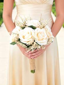Boho Wedding Bouquets Bride Bouquets Artificial Roses Flowers For Bride Bridesmaid Bouquets, Wedding Prom Church Decoration, Ceremony, Anniversary - Beige - View 5