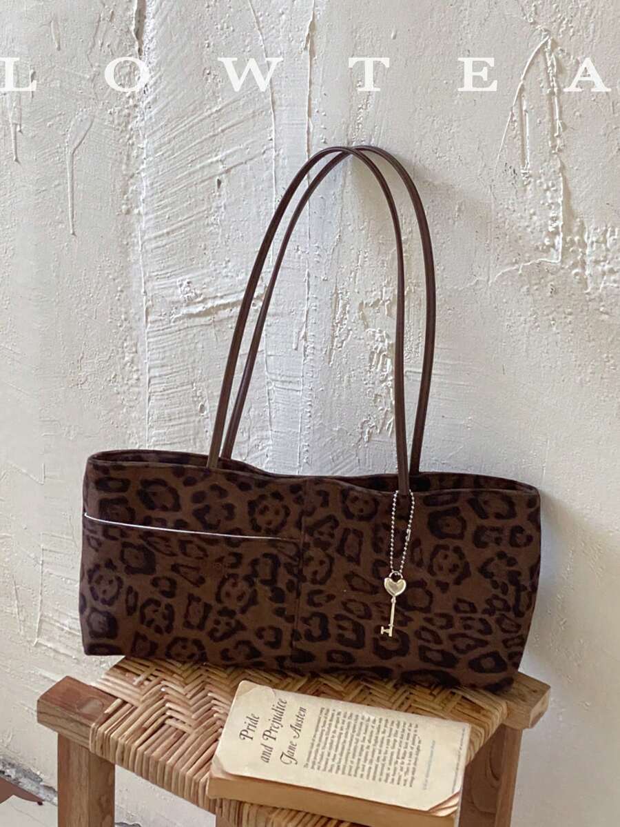 low tea 1 buah Tas Bahu Persegi Motif Leopard dari Kain Suede, Cocok untuk Bepergian, Berbelanja, dll. (Dengan Liontin)