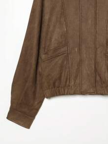 Women's Brown Faux Suede Loose Fit Aviator Jacket With Turn-Down Collar, Elastic Hem, Long Sleeves And Pockets - Brown - View 7