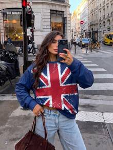 Women's Vintage Distressed Union Jack Print Crew Neck Sweatshirt, Casual Loose Long Sleeve Pullover - Baby Blue - View 2