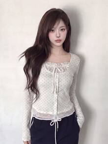 Lace Trim Polka Dot Long Sleeve 2 In 1 T-Shirt - White - View 4