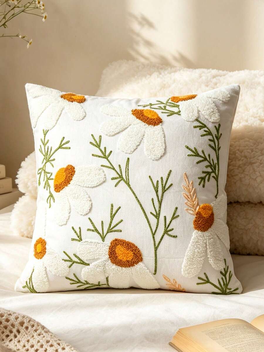 1件裝白色雛菊刺繡枕套,極簡田園風沙發床頭裝飾靠墊,客廳沙發氛圍裝飾,臥室床頭用,拉鍊開口,可機洗,不含枕芯 - 彩色 - 查看 1