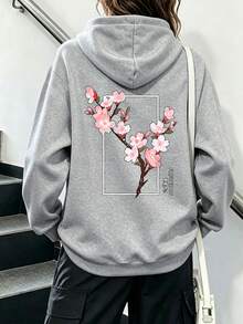 Plus-Size Women's Hoodie With Cartoon Cherry Blossom Print, Drawstring Pocket, Casual Sports Style, Autumn And Winter Top, Everyday Wear. - Grey - View 1
