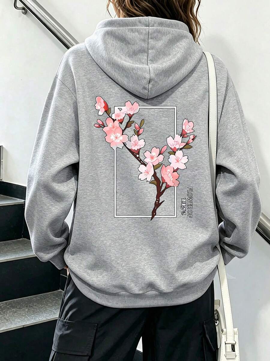 Plus-Size Women's Hoodie With Cartoon Cherry Blossom Print, Drawstring Pocket, Casual Sports Style, Autumn And Winter Top, Everyday Wear. - Grey - View 1
