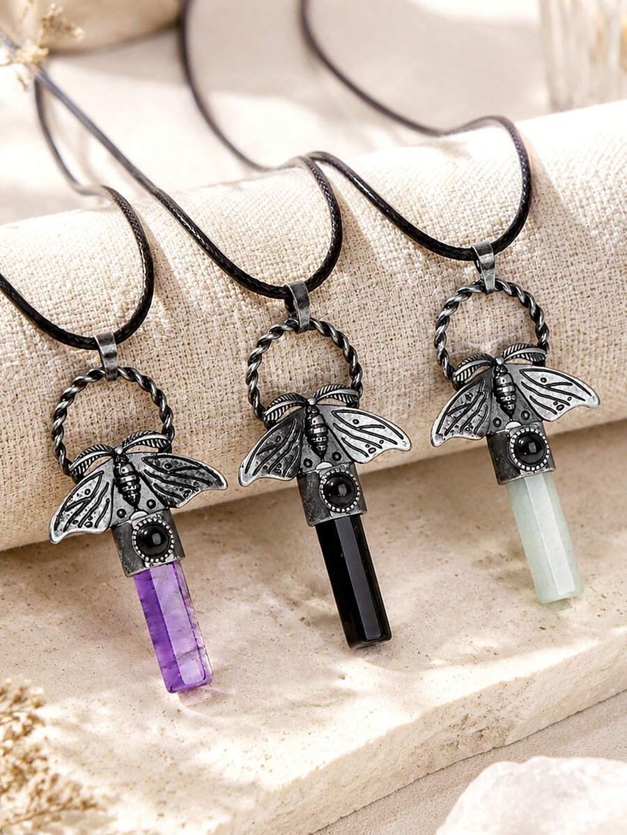 1pc Natural Stone Hexagon Pendant Animal Moth Necklace, Spiritual Healing Crystal Tiger Eye Amethyst Quartz Jewelry Gift H955 - Necklace - View 1